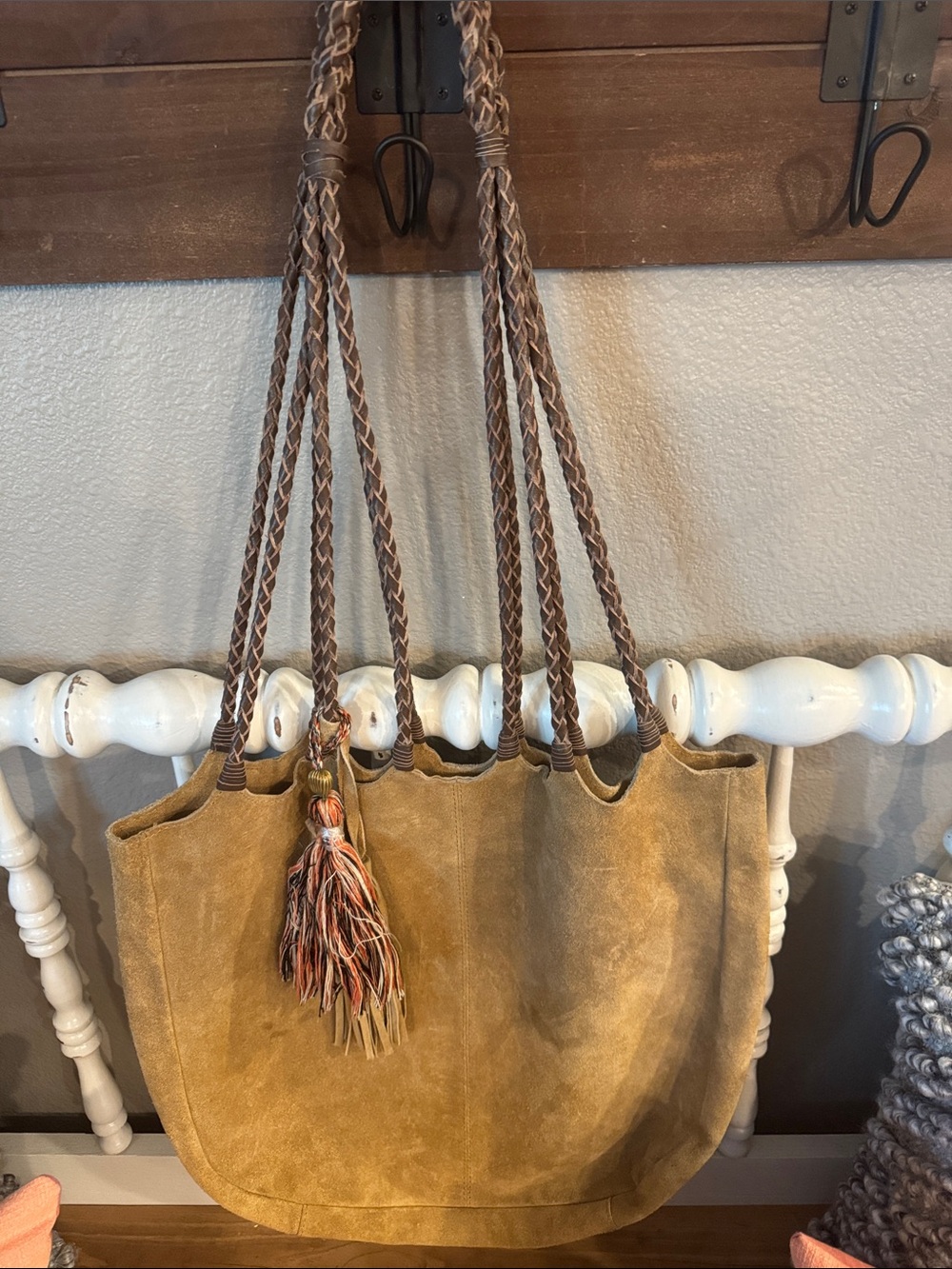 Free People Suede Braided-Handle Tote in Mustard